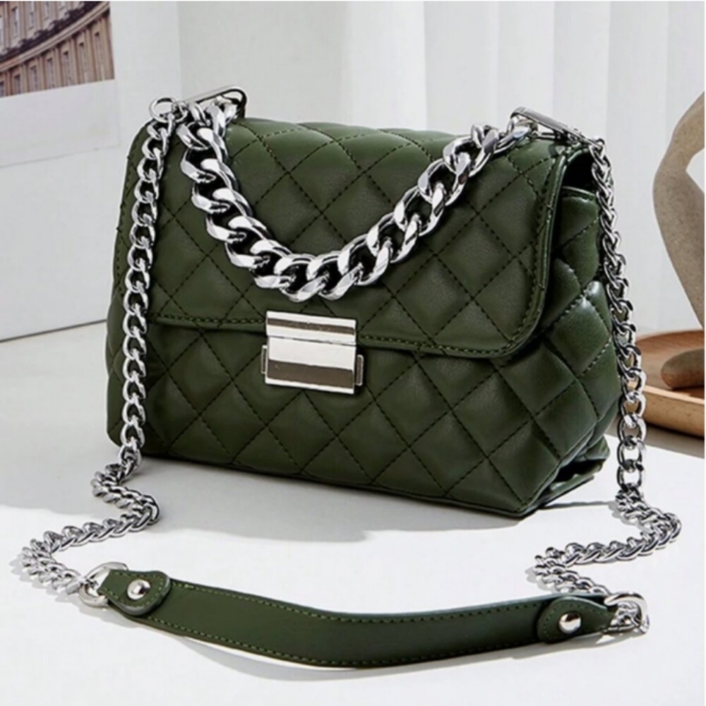 Quilted Olive Green Chain Shoulder Bag